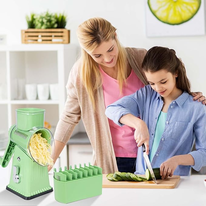 Rotary Cheese Grater with 5 Blades, Large Food Tube, Safety Food Pusher, Strong Suction Base, Mint Green