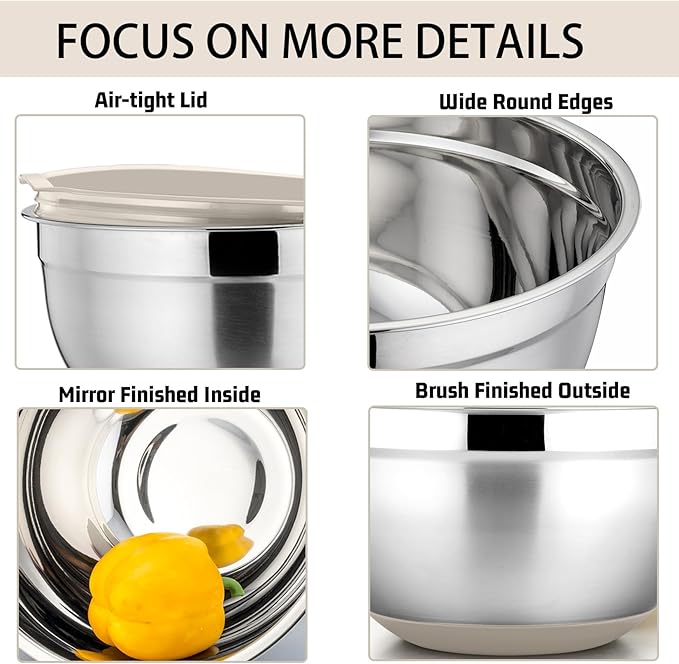 P&P CHEF Mixing Bowls With Lids, Set of 6, Stainless Steel Nesting Mixing Bowls & Fitting Lids & Non-Slip Silicone Bottom, Ideal for Mixing, Storing, Size 0.7/1/1.5/2.5/3/4.6 Qt, Khaki