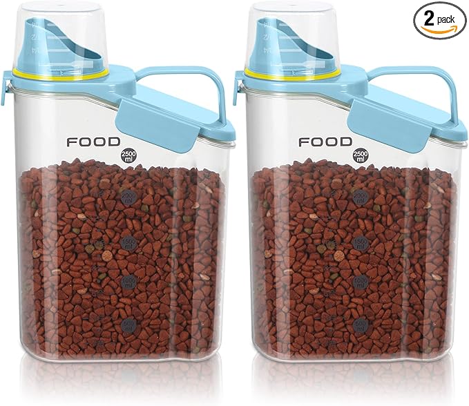 2Pack Cat Dog Food Storage Container Upgraded Large Nozzle BPA-free, 3-5 LBS Plastic Pet Food Storage Containers, With 4 Sealed Clasps, 1 Measuring Cup and Handle (Sunshine Blue)