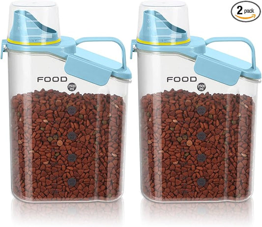 2Pack Cat Dog Food Storage Container Upgraded Large Nozzle BPA-free, 3-5 LBS Plastic Pet Food Storage Containers, With 4 Sealed Clasps, 1 Measuring Cup and Handle (Sunshine Blue)