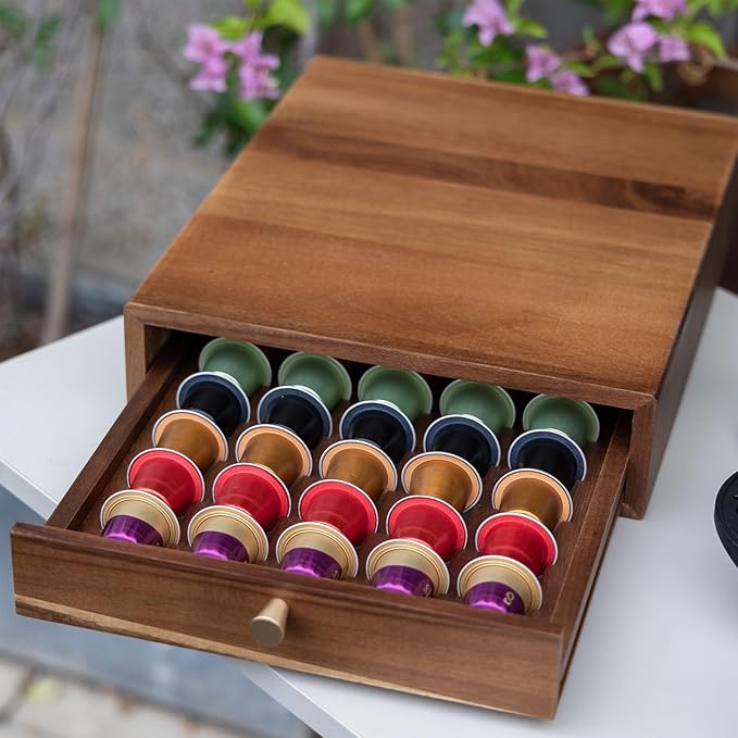 Acacia Wood Coffee Pod Drawers Compatible with Nespresso Original Line, Pods Holder, Organizer, Storage, Container, Tray, Capsule Cup Holder for Countertop, Porta Capsulas De Cafe, 40 Pods Capacity