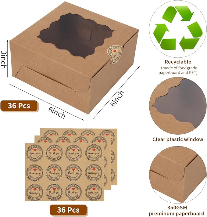 36 pcs 6x6x3 Inches Small Cake Box with Window, Bakery Pastry Cookie Boxes, Mini Pie for Pastry,Dessert,Strawberries,Chocolates, Cupcakes with paper stickers (Brown)