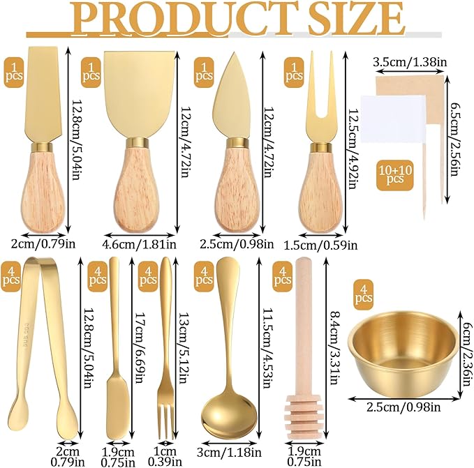 48Pcs Charcuterie Boards Accessories Gold Charcuterie Utensils Butter Spreader Knives Set Stainless Steel Cheese Mini Serving Tongs Spoons Forks Dipping Bowls Toothpick Flags Utensil for Pastry Making