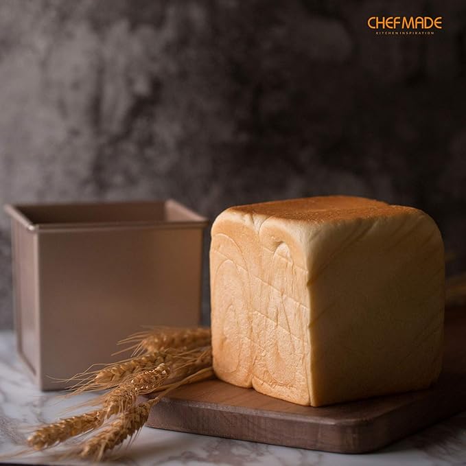 CHEFMADE Mini Pullman Loaf Pan with Lid, 0.55Lb Dough Capacity Non-Stick Rectangle Flat Toast Box for Oven Baking 3.9" x 3.9"x 3.9"(Champagne Gold)