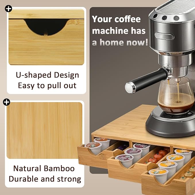 Bamboo Coffee Pod Drawer，K Cup Organizer for Counter, Coffee Pod Holder Holds Up 36 K Cups or 54 Originalline Pods, Tea Bag Storage Organizer for Kitchen Counter Office with 3 Drawers