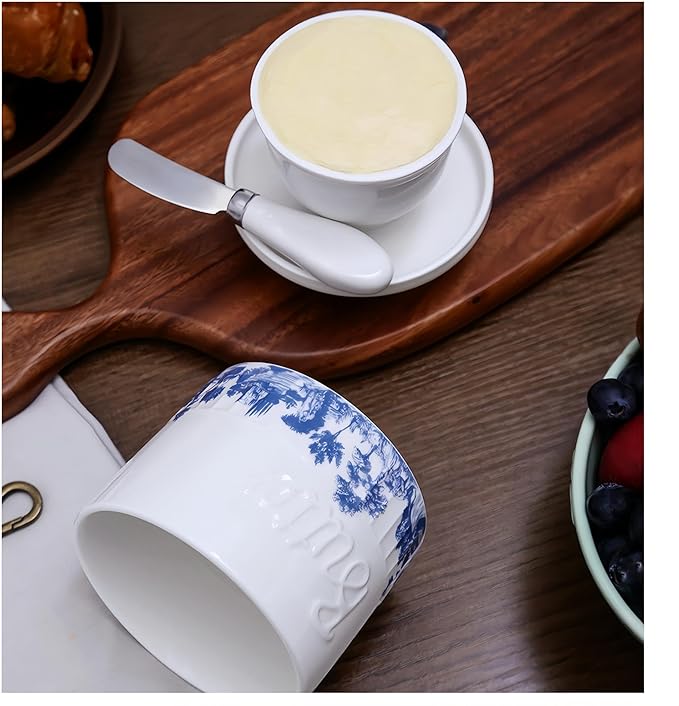 Butter Crock with Lid, French Butter Dish with Water Line for Countertop, Ceramic Butter Keeper for Spreadable Butter, Container Holder for Kitchen and Home Decor, 6.7 OZ, Forest Blue