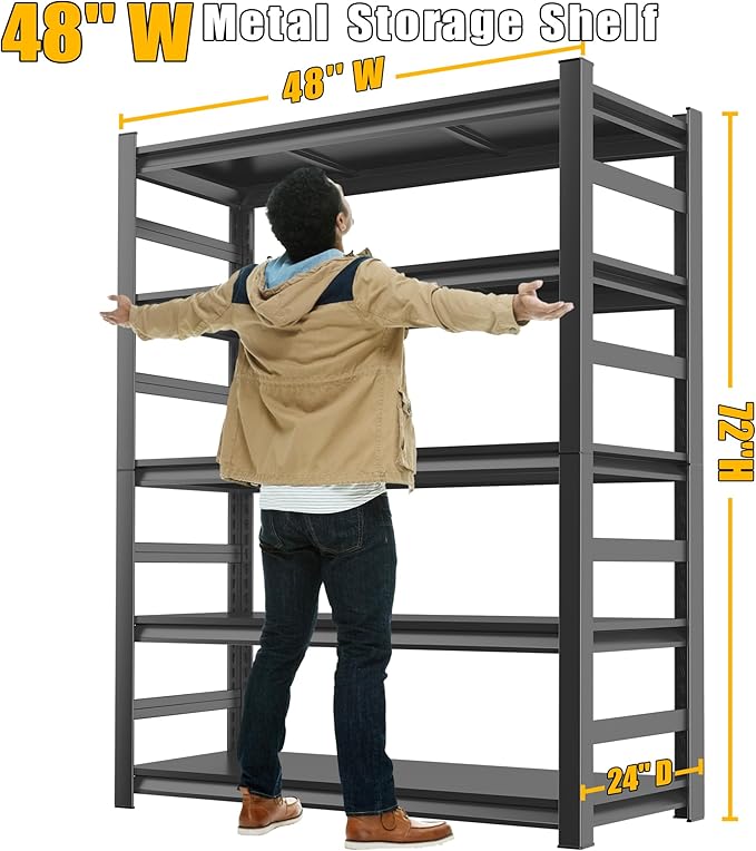 48''W Kitchen Shelves with Large Storage Capacity, Waterproof and Rust-Resistant Racks, Multi-Functional Adjustable Storage Shelf, Suitable Storage Rooms, Black