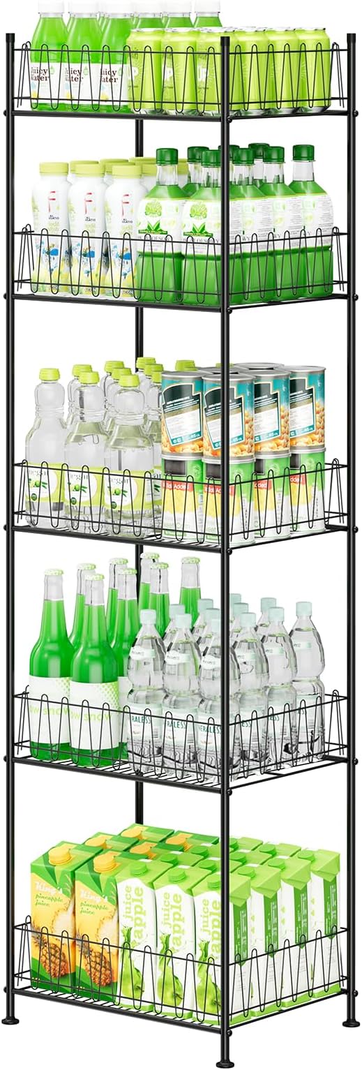 5 Tier Water Bottle Organizer Rack Metal Free Standing Water Storage Rack Beverage Holder Bottled Water Stand for Floor, Space Saver Soda Drink Shelf for Kitchen Living Room, Black