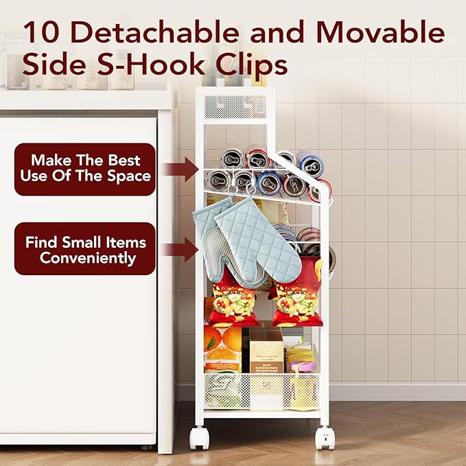 Can Organizer for Pantry - Rolling Snack Cart, Multi-Layer Soda Can Organizer for Pantry, Mobile Beverage Storage Rack with Wheels, Versatile Metal Shelf for Kitchen and Office, White