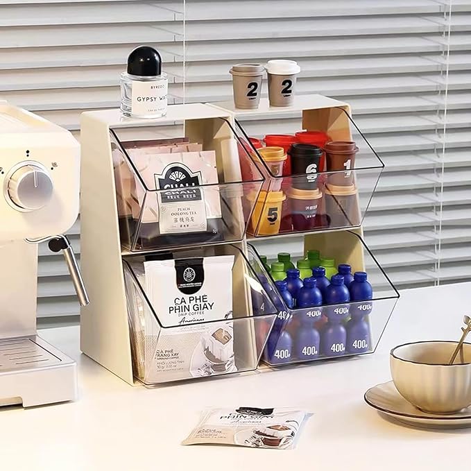 Acrylic Tea Bag & K Cup Organizer with 2 Transparent Drawers - Compact Multi-Use Storage for Coffee Pods, Sugar Packs - Kitchen & Office Counter Organizer - White