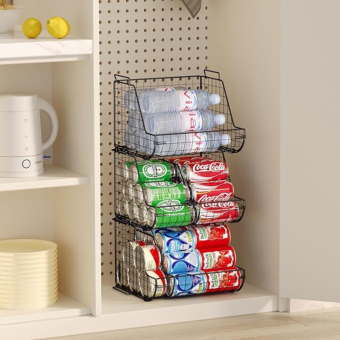 Stacking Can Dispensers 3 Tier with 3 Divider, Large Pantry Can Organizer, Beverage Drink Pop Soda Can Storage Basket, Can Holders for Pantry, Canned Food Rack Wire Bins for Kitchen Cabinet (3-Pack)