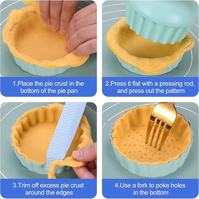 Mini Round Tart Pan with Removable Bottom, Nonstick Mini Pie Pans for Baking, Carbon Steel Quiche Pan Set for Cupcake Muffin Cakes and Desserts, Including 6 Tart Pan and 1 Tart Tamper (Green)