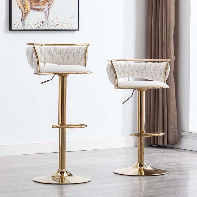 LukeAlon Modern Velvet Adjustable Barstools Set of 4, 360° Swivel Counter Stools with Golden Base Upholstered Open Back Tall Bar Chairs with Footrest for Home Pub Kitchen, White