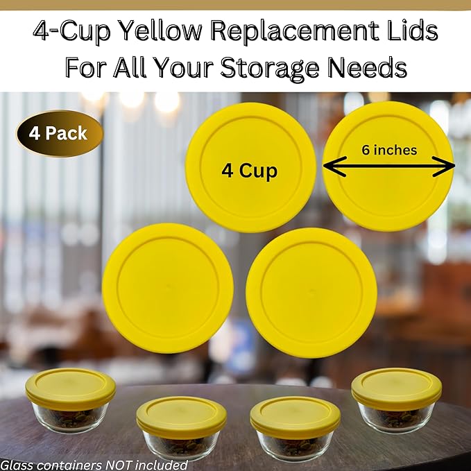 4 Cup/950 mL Yellow Replacement Lids/Covers for Pyrex 7201-PC, 4 Cup/32oz Anchor Hocking & Klare Ware Storage Bowls *Lids Only* - *Glass Container Not Included* (4 Pack, Yellow)