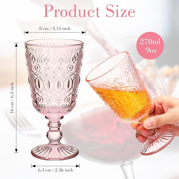Eaasty Wine Glasses Set of 6 Vintage Goblet 9 oz Vintage Colored Glass Goblet Beverage Stemmed Glass Cups Romantic Embossed Glassware for Wedding Party Holidays Anniversary (Pink)
