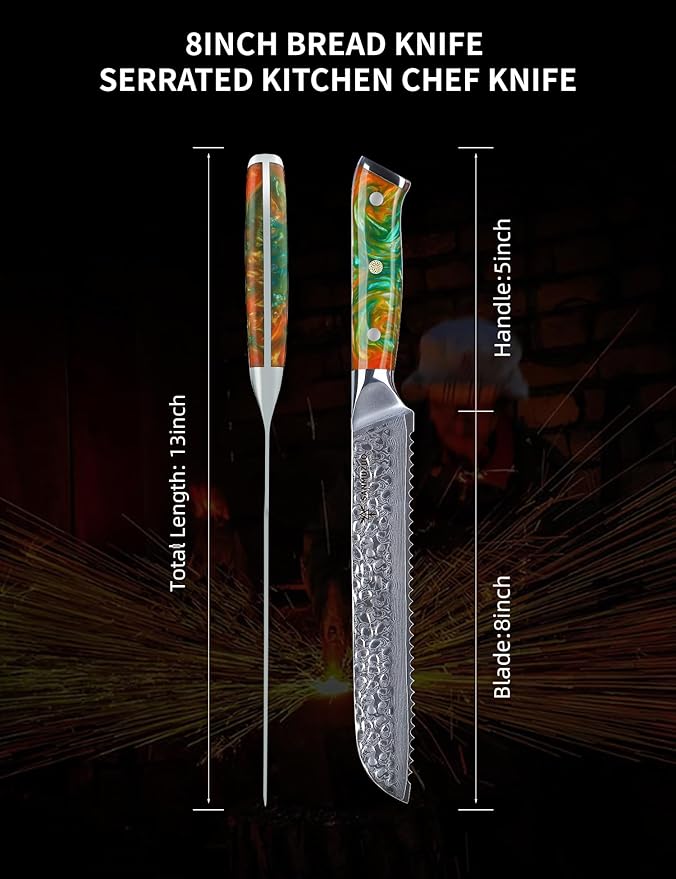 8" Bread Knife Serrated Blade- Hammered Damascus Steel & Resin Handle - Yao Series