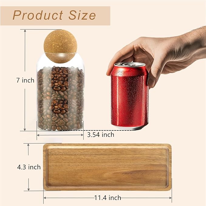 Coffee Sugar Tea Container Set, 3 Pack Glass Jars with Cork Lids, Apothecary Jars with Tray for Bathroom, Decorative Qtip and Cotton Ball Holder, Cute Display Jars for Coffee Bar (27oz)