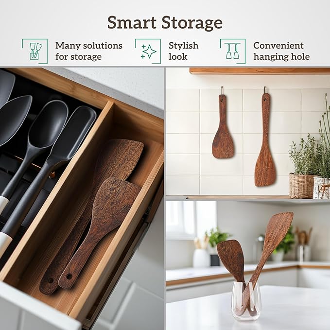 2PCs Wooden Spatula For Cooking, Natural Wenge Spatula For Non-stick Frying Pan, Wooden Spoons for Cooking Utensils Set, Wood Kitchen Utensils Set Spatulas for Kitchen Use Flipping&Turner Wok Spatulas