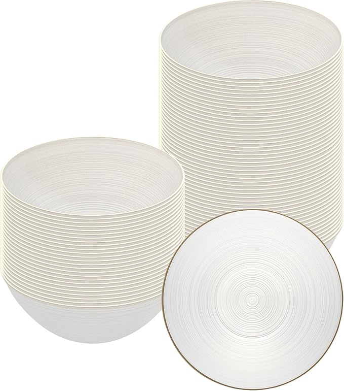 Restaurantware Plastic Bowls 20 Pcs 16 oz Gold Rimmed Disposable Soup Bowls Heavy-Duty White Translucent Rippled Dinnerware Containers for Party, Desserts, Salads, Snacks, and Catering