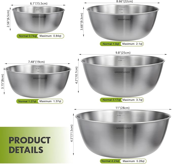 5-Piece Stainless Steel Mixing Bowls Set for Kitchen, Nesting Bowls for Mixing, Baking, Prepping, Cooking and Serving Food, Metal Mixing Bowls Dishwasher Safe