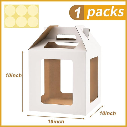 Cake Box with Windows and Handle, 10x10x10 inches, Tall Cake Carrier for Tiered Cakes, White