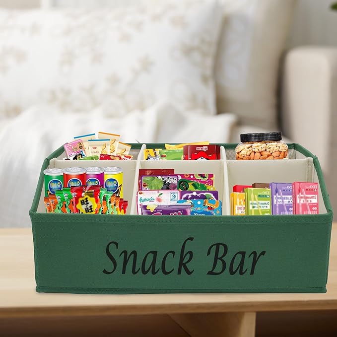Snack Organizer for Countertop, Fabric Snack Bar Station with Handles, 6 Compartment Container, Kitchen Pantry Storage and Organizer, Green