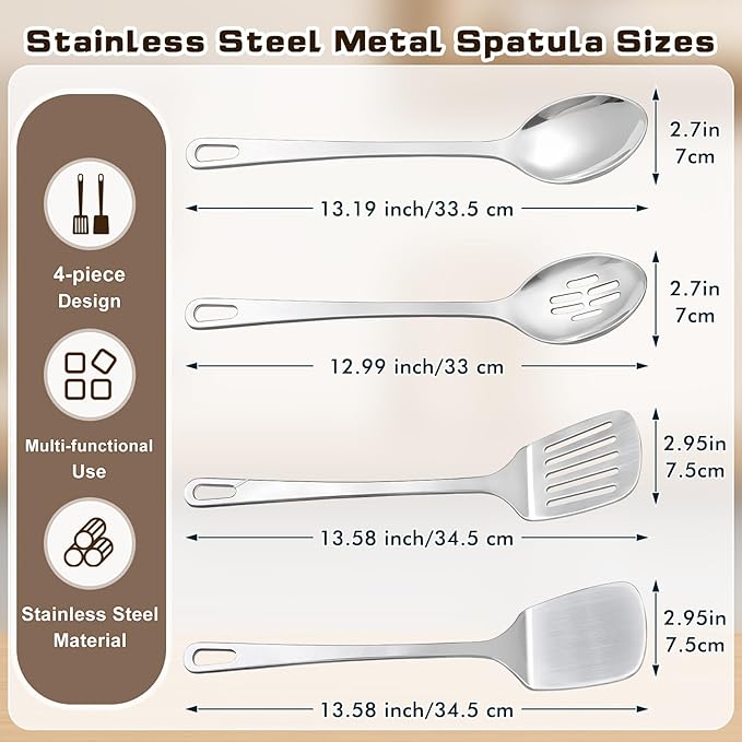 2 Pcs Spoons Cooking Utensils Set, Stainless Steel Kitchen Utensils, Heat Resistant Metal Kitchen Tools Include Solid & Slotted Serving Spoon, Ergonomic Handle, Dishwasher Safe, Easy to Clean, Silver