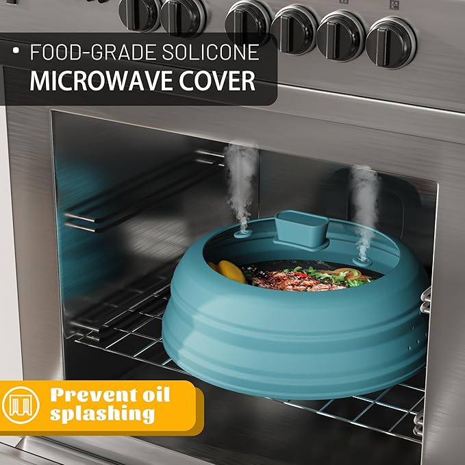 Microwave Splatter Cover, Vented Silicone and Glass Cover Splatter Guard Lid, Food Collapsible Plate Cover Lid with Easy Grip Handle. (Blue, 10.8 inch)