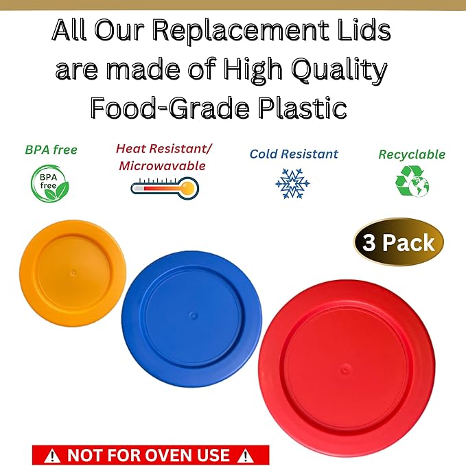 2, 4 & 7 Cup Orange, Blue, Red Replacement Lids/Covers for Pyrex, Anchor Hocking & KlareWare Storage Bowls *Lids Only Glass Container Not Included* (3 Pack *One of Each Size*)
