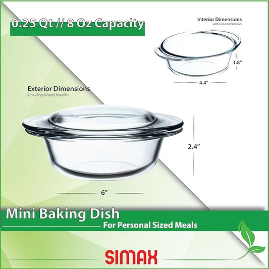 Simax Casserole Dish with Lid, MINI Glass Casserole Dish, Holds 6.4 Oz (0.2 Quarts), Oven to Table Serving Dish, Microwave, Dishwasher, and Oven Safe Cookware