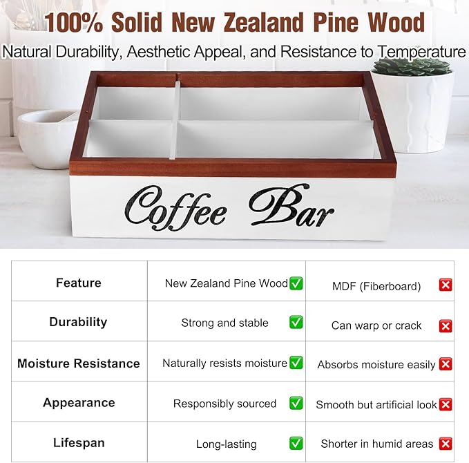 Wooden Coffee Organizer Holder with Divided Sections & Cutout Handle, Farmhouse Coffee Bar Organizer for Pods, Cups, Lids, Syrups, Stirrers & Accessories – Ideal Gift for Home or Office-White