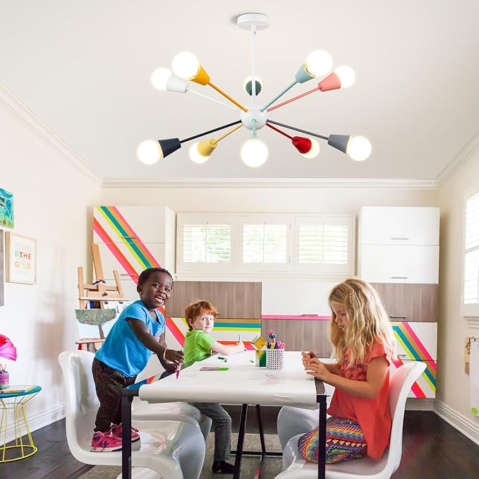 Colorful Sputnik Chandeliers, 10-Light Dining Room Light Fixture Height Adjustable Modern Chandelier Lighting Kids Ceiling Light Fixture for Bedroom Living Room Entryway Foyer