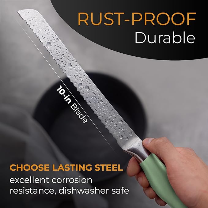 Orblue Serrated Bread Knife with 10-inch Upgraded Stainless Steel Razor Sharp Wavy Edge Width - Bread Cutter Ideal for Slicing Homemade Bagels and Cake, Green