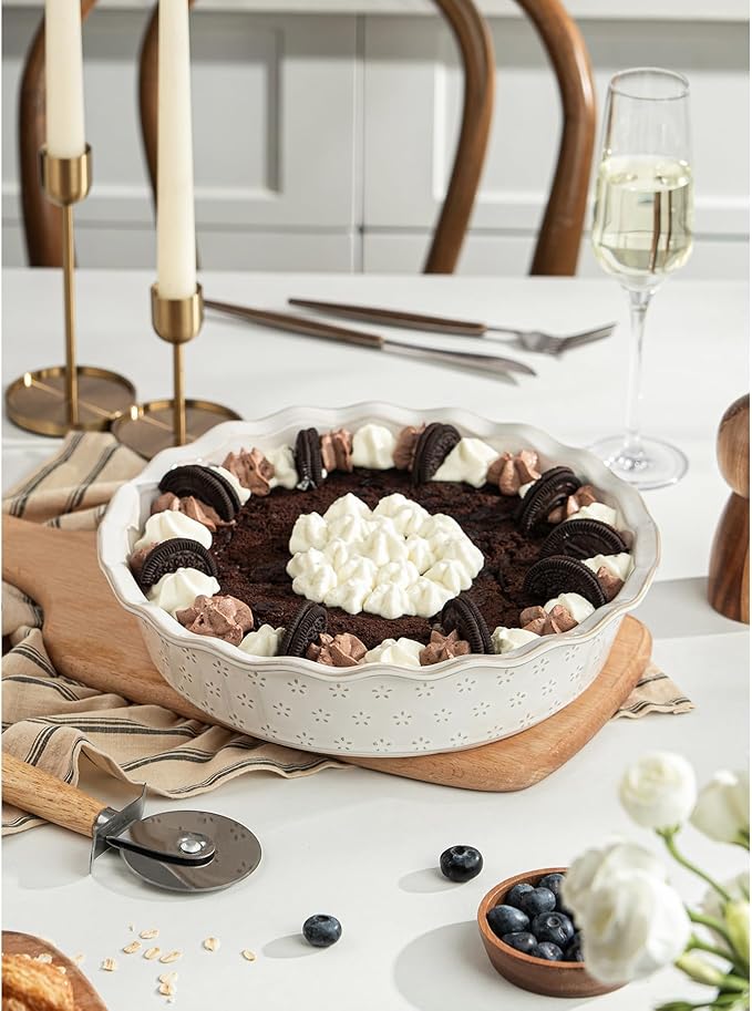 Deep Pie Dish for Baking, Ceramic Pie Pan for Apple Pie, Tart, Quiche Baking Dish, Farmhouse Decor Pie Plate, Deep Dish Pie Pan, Oven Safe, Off-White