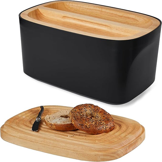 Sonder Los Angeles, Modern Bamboo Fiber and Recycled Plastic Bread Box (Black) for Kitchen Countertop with Reversible Bread Board Wood Lid 14.25 x 9.25 x 7 in