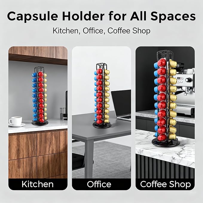 Coffee Pod Holder Compatible with Nespresso Original Capsule– Holds 40 Pods, 360° Rotating Coffee Carousel Storage, Space-Saving Countertop Organizer, Stylish Gift for Coffee Lovers (Black)
