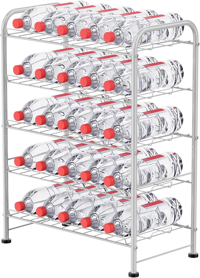 5 Tier Water Bottle Organizer Small Water Bottle Holder Stand Freestanding Metal Bottled Water Rack Dispenser for Kitchen, Pantry Organization and Storage, Silver