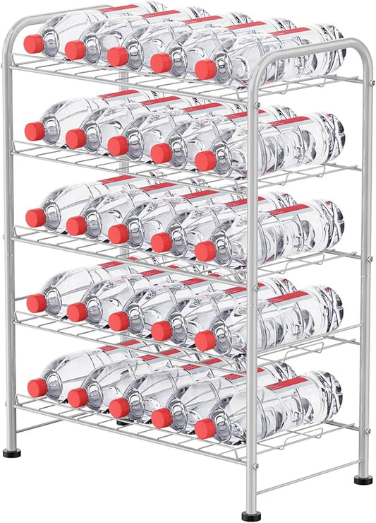 5 Tier Water Bottle Organizer Small Water Bottle Holder Stand Freestanding Metal Bottled Water Rack Dispenser for Kitchen, Pantry Organization and Storage, Silver