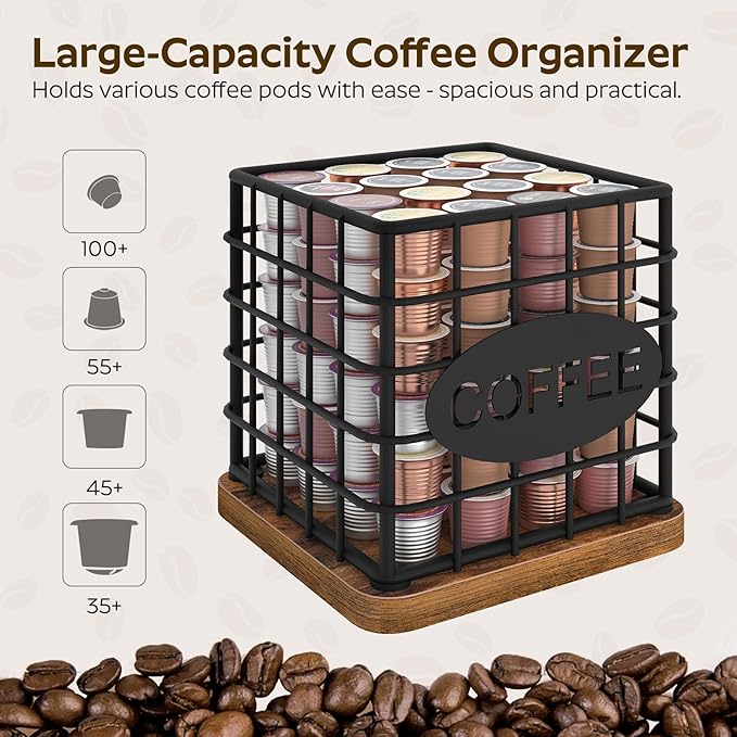 Coffee Pod Holder Organizer, Large Capacity Coffee Pod Basket for K Cup, Coffee Capsule Storage Basket with Wooden Base, Space Saving, for Kitchen Countertop, Black and Rustic Brown KH10BR