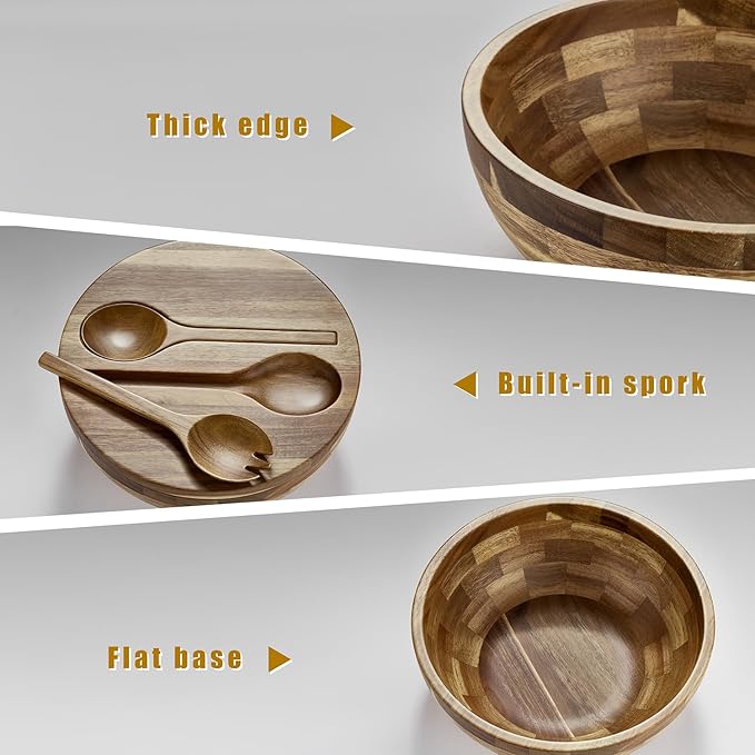 Acacia Wooden Salad Bowl with Lid, Built-in Acacia Wood Utensils, 10.5" Large Wood Serving Bowls for Fruits, Salad, and Vegetables, Big Wood Salad Bowls Set 4-Piece, All-in-One Design