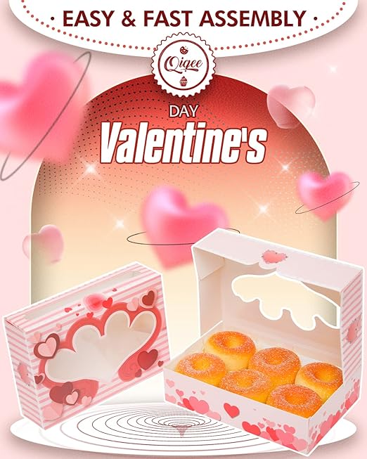 qiqee Valentine's Day Cookie Boxes for Gift Giving 8x5.3x2 inch 36Packs Treat Box with Window Bakery Box for Valentine's Day