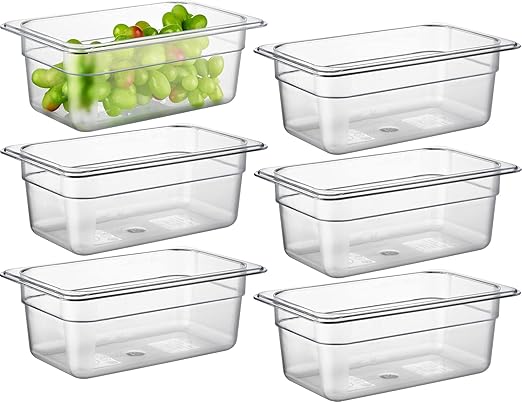 CURTA 6 Pack NSF Food Pans, 1/4 Size 4 Inch Deep, Commercial Polycarbonate Plastic Clear Freezer-Safe