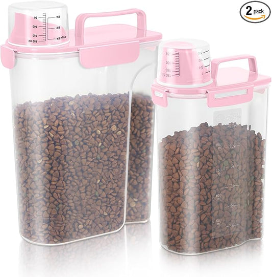 3+5Lbs 2Pack Small Cat Dog Food Storage Containers BPA Free, Airtight Pet Food Storage Containers with Large Pour Spout/1 Measuring Cup/ 4 Safety Locks and Double-Layer Silicone Strip (Pink)
