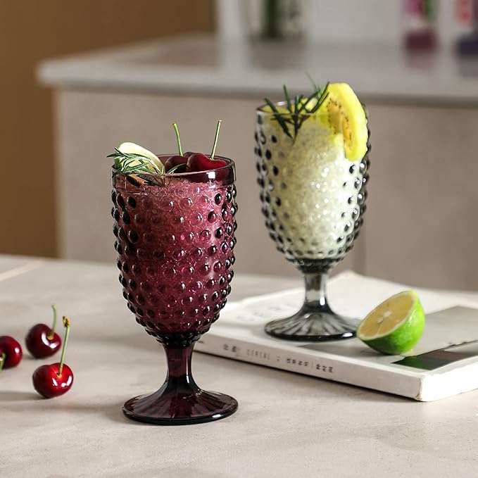 G Hobnail Iced Tea Beverage Goblets 13 oz. set of 6 Premiun Glass Set for Wine Soda Juice Water Perfect for Dinner Parties Bars Restaurants Everyday use (Multicolor, Goblet)
