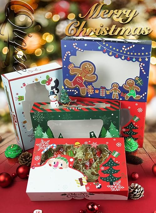 qiqee Christmas Cookie Boxes for Gift Giving 8x5.3x2 inch 36Packs Xmas Treat Box with Window Bakery Box for Donuts Candies and Biscuit