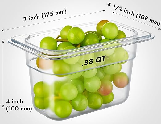 CURTA 6 Pack NSF Food Pans, 1/9 Size 4 Inch Deep, Commercial Polycarbonate Plastic Clear Freezer-Safe