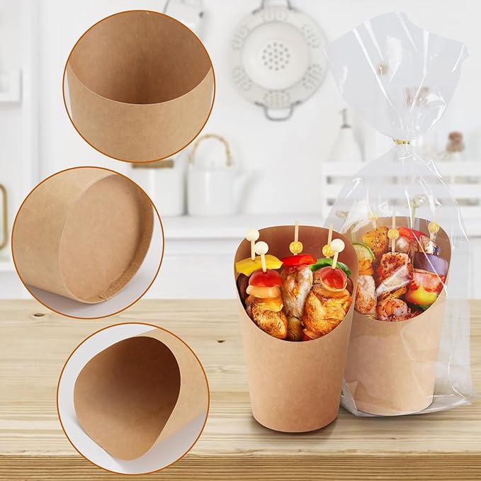 60pcs Individual 14oz Disposable Charcuterie Cups with Sticks,300pcs Cocktail Skewers,60 Portable Bags, Brown Paper Appetizer Cups for French Fry, Party Supplies