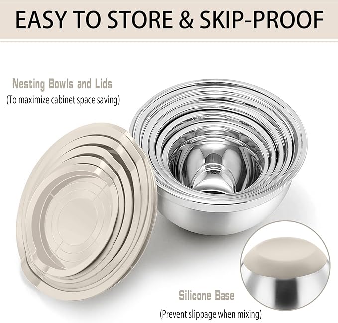 P&P CHEF Mixing Bowls With Lids, Set of 6, Stainless Steel Nesting Mixing Bowls & Fitting Lids & Non-Slip Silicone Bottom, Ideal for Mixing, Storing, Size 0.7/1/1.5/2.5/3/4.6 Qt, Khaki
