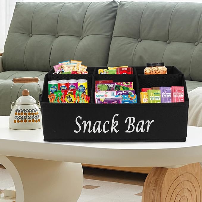2 Pack Snack Organizer for Countertop With Handles - 6 Compartment Box Basket, Bar Station, Kitchen Cabinet Pantry Storage - Black