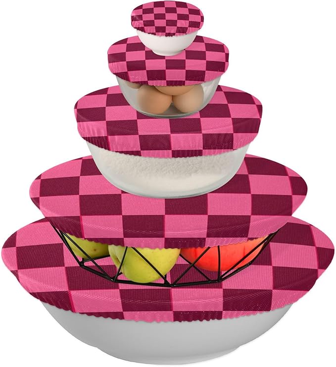 5 Pcs Bowl Covers Reusable in 5 Size Elastic Food Cover Cloth Lids Fresh Keeping Dish Cookware Bakeware Fabric Covers Lids for Food Leftovers Fruits Storage Checkered Hot Pink